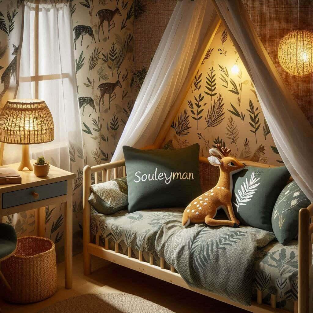 Une chambre de enfant avec le prenom souleyman brode sur le coussin avec un lit cabane sur le theme de la foret des draps et rideaux avec motifs de feuilles et de faon une lampe en