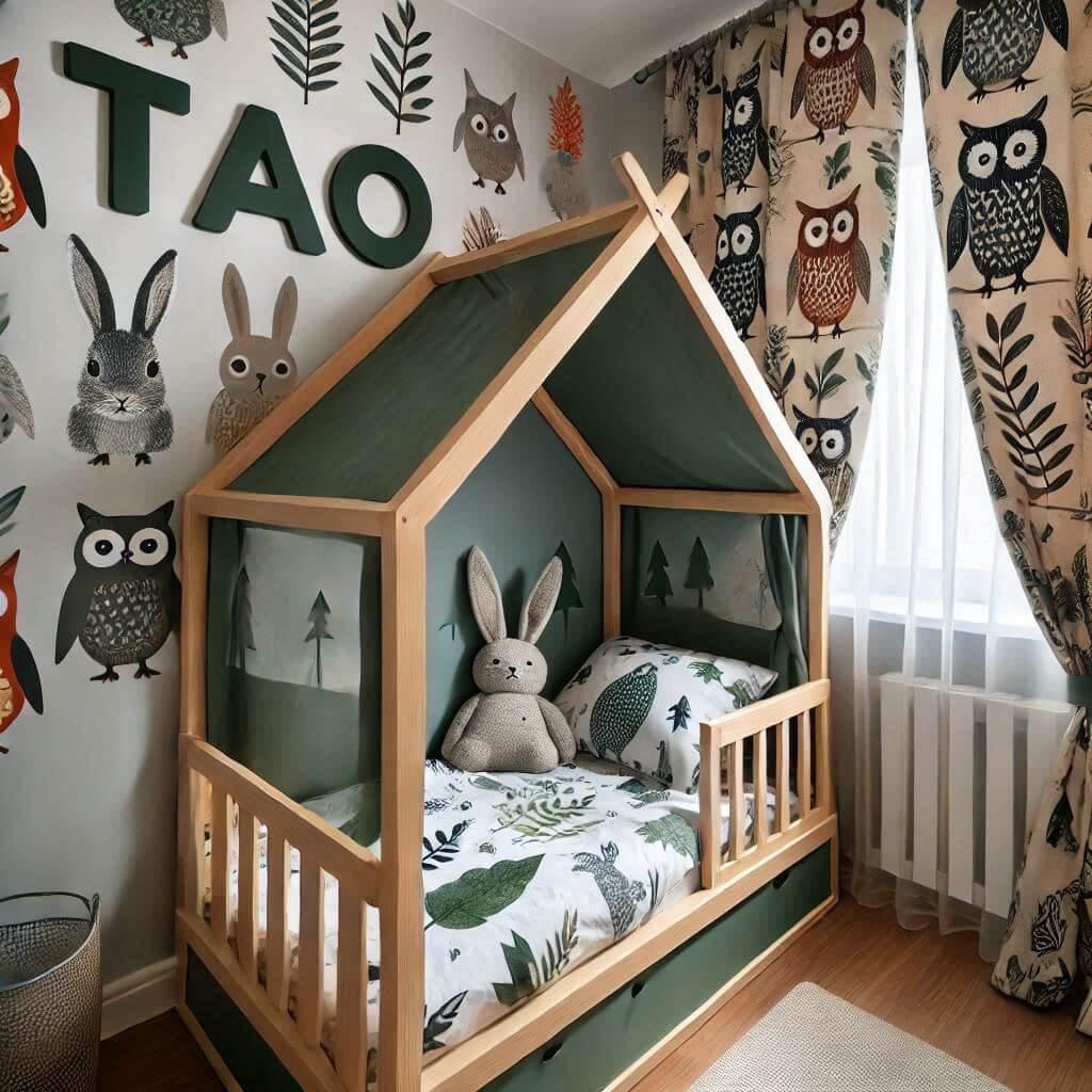 Une chambre de enfant avec le prenom tao avec un lit cabane sur le theme de la foret