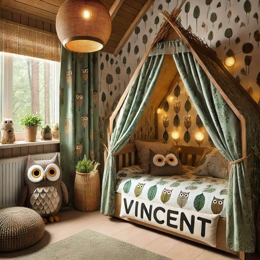 Une chambre de enfant avec le prenom vincent ecrit sur le coussin avec un lit cabane sur le theme de la foret les draps et les rideaux sont des motifs de feuilles de hibou lampe en