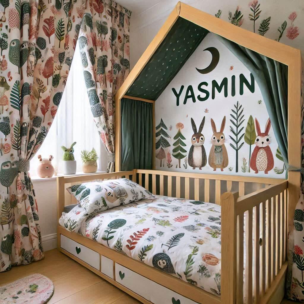 Chambre d'enfant avec le prénom Yasmin, lit cabane sur le thème de la forêt et draps décorés.