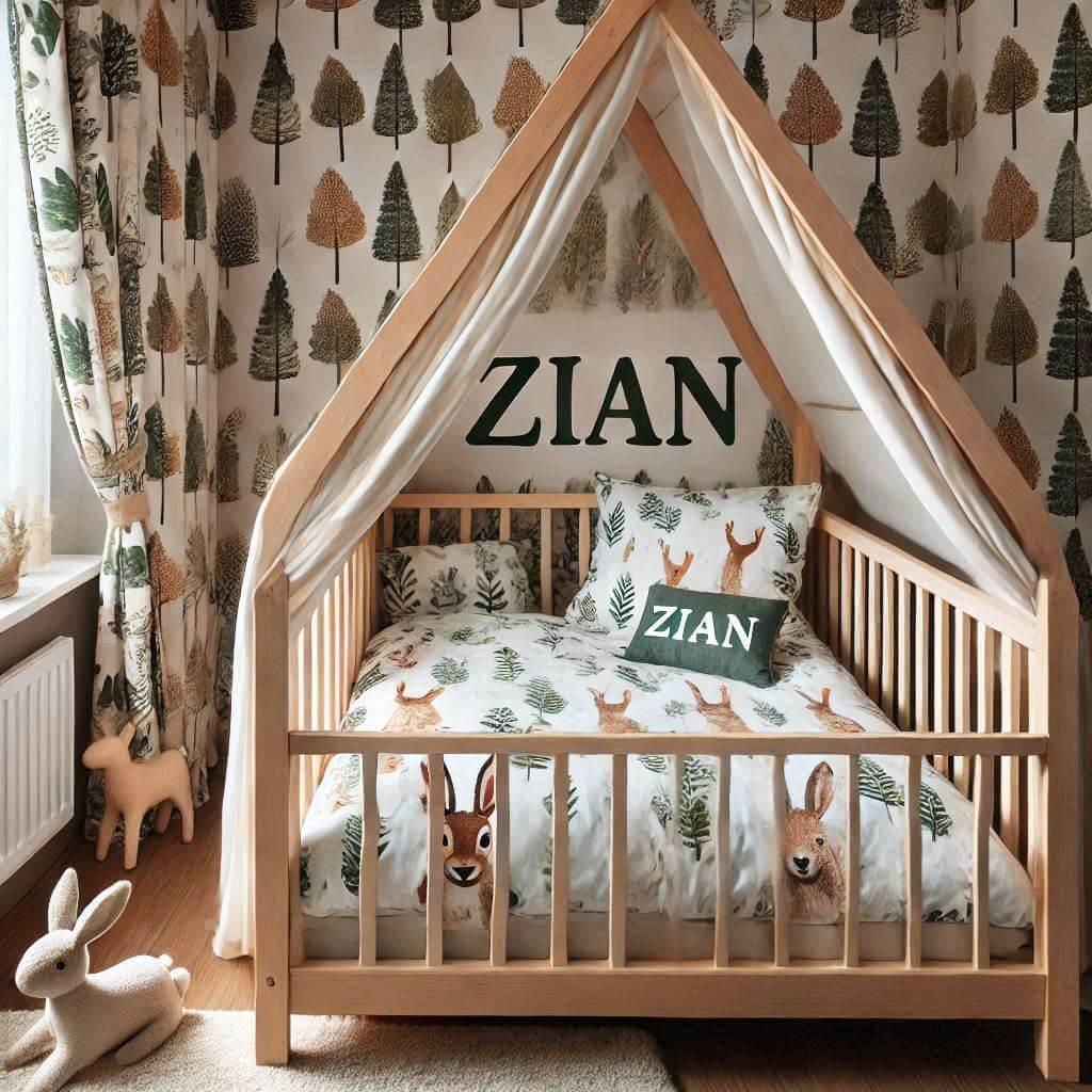 Une chambre de enfant avec le prenom zian avec un lit cabane sur le theme de la foret les draps et les rideaux sont des motifs de feuilles de cerf de lapin