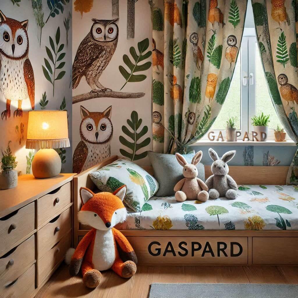 Une chambre de enfant avec un lit cabane sur le theme de la foret prenom gaspard 1