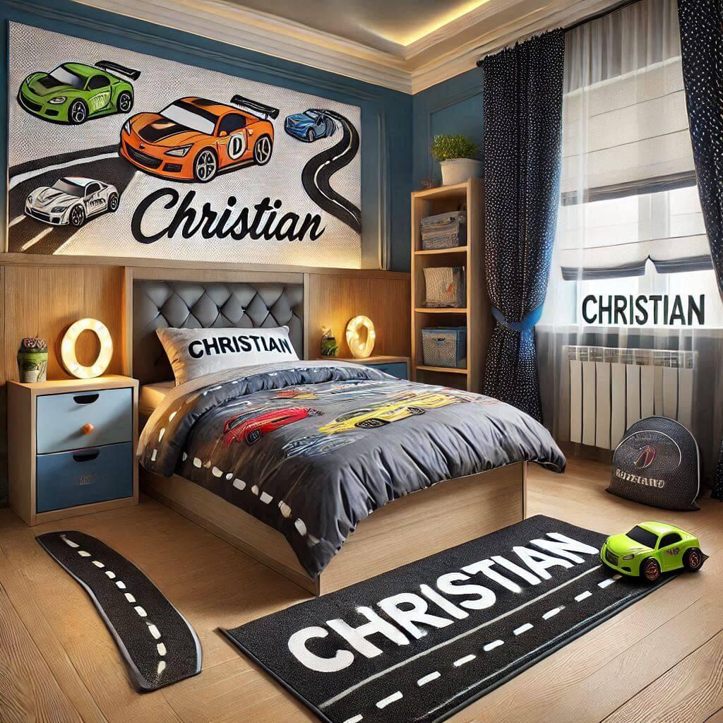 Une chambre de enfant avec un lit simple sur le theme des voitures les draps et les rideaux sont des motifs de voiture tapis motif circuit de voiture le prenom christian ecrit sur