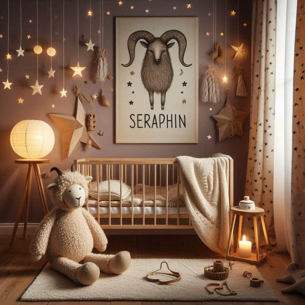 Une chambre de enfant inspiree par le signe astrologique capricorne avec un berceau en bois brut un doudou en laine une veilleuse allumee des rideaux avec des motifs etoiles et une