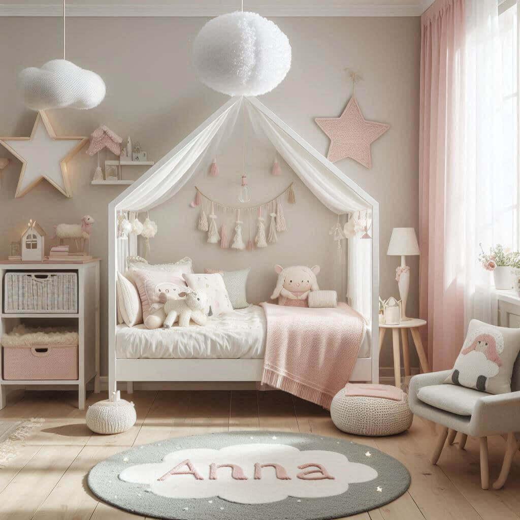 Une chambre de fille anna avec un lit en forme de cabane en bois blanc tendance 2025