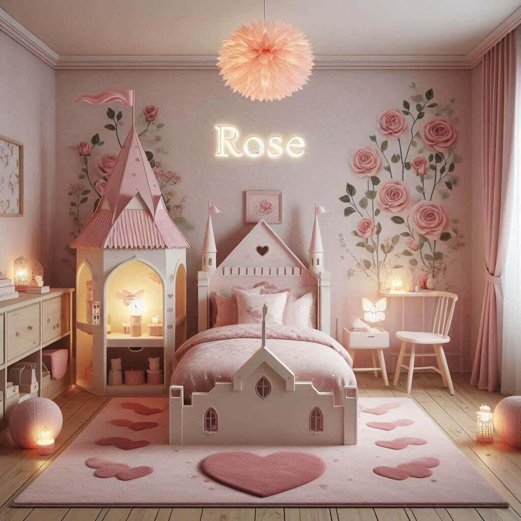 Une chambre de fille pour rose avec un lit en forme de chateau de fee des murs roses poudre