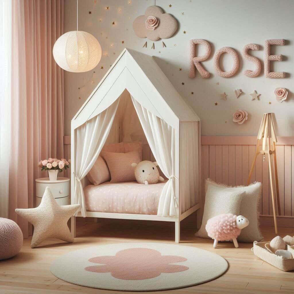 Une chambre de fille rose avec un lit en forme de cabane en bois blanc tendance 2025