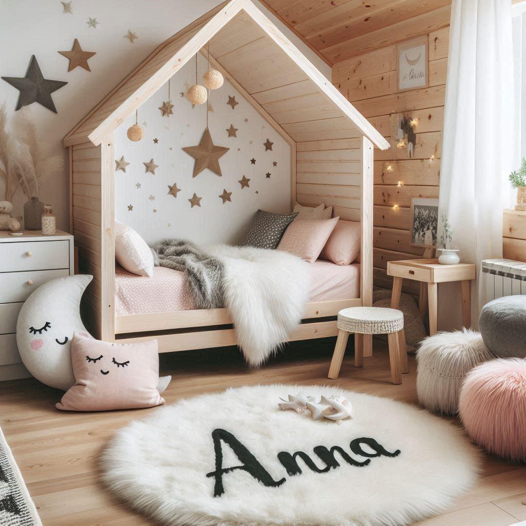 Une chambre de petit fille qui se nomme anna avec un lit cabane un tapis de fourure style scandinave coussins en forme detoiles coussins en forme de lune le prenom anna est ecrit s