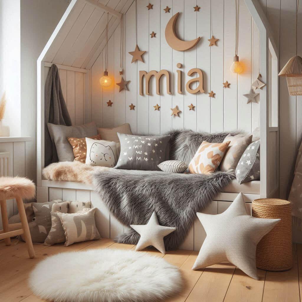 Une chambre de petit fille qui se nomme mia avec un lit cabane un tapis de fourure style scandinave coussins en forme detoiles coussins en forme de lune le prenom mia est ecrit sur