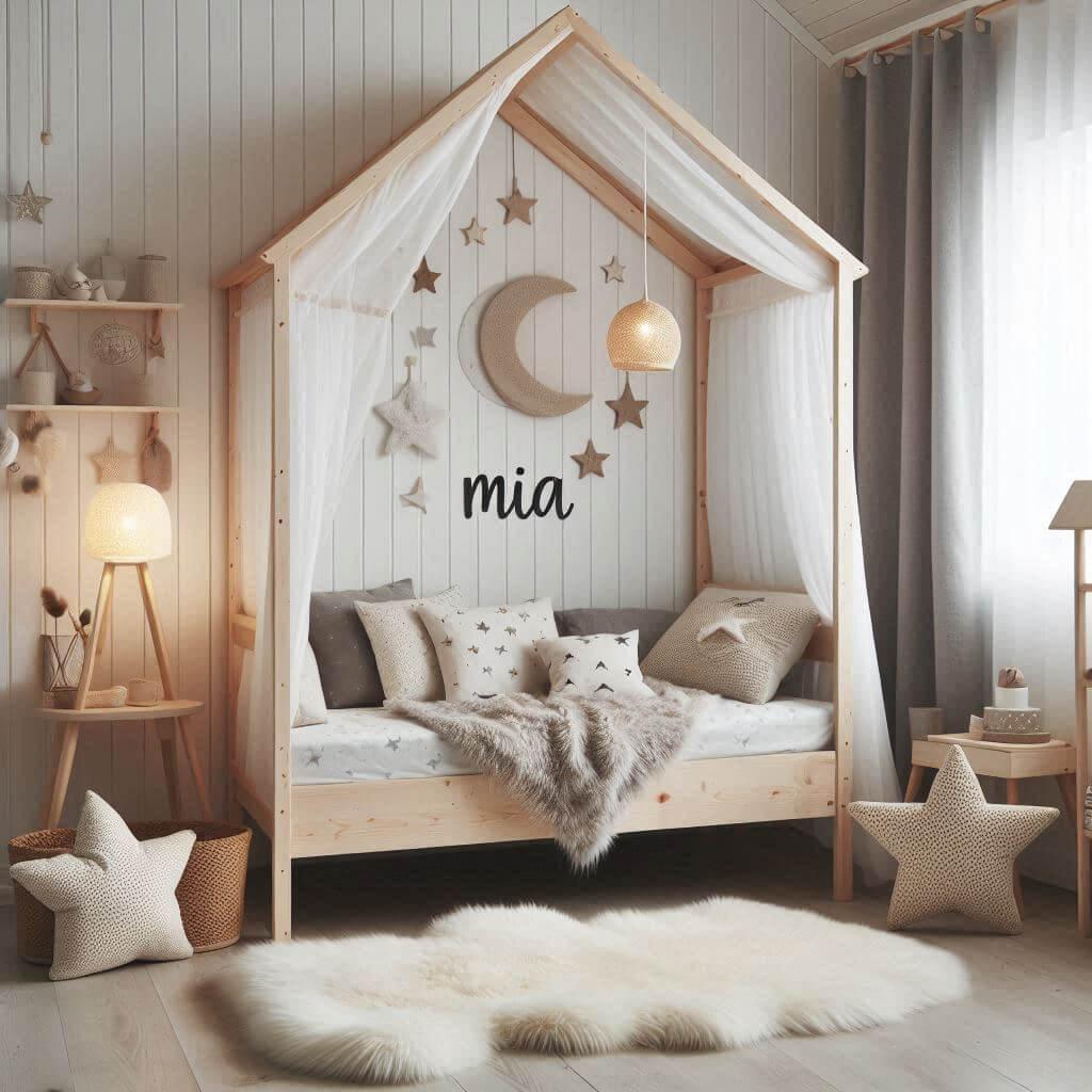 Une chambre de petit fille qui se nomme mia avec un lit cabane un tapis de fourure style scandinave coussins en forme detoiles coussins en forme de lune le prenom mia est ecrit sur