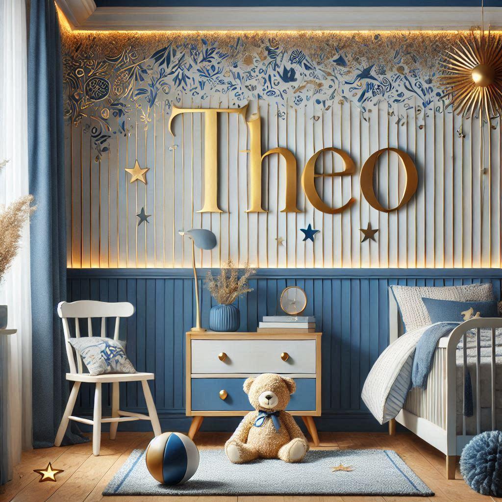 Une chambre de petit garcon avec le theme bleu et or symbolisant la sagesse la serenite et la richesse interieure avec le prenom theo ecrit sur le mur en decoration