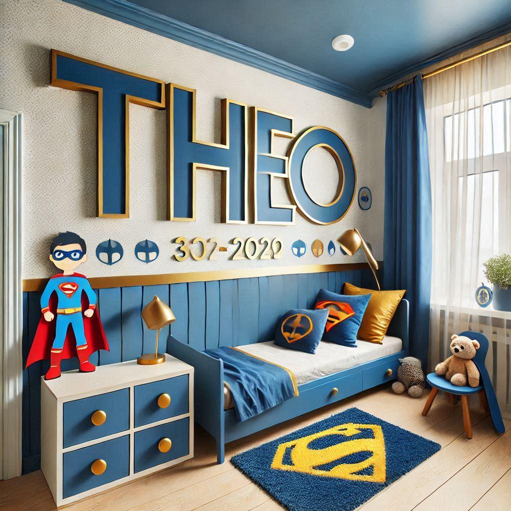 Une chambre de petit garcon avec le theme des super heros et les couleurs bleu et or avec le prenom theo ecrit sur le mur en decoration