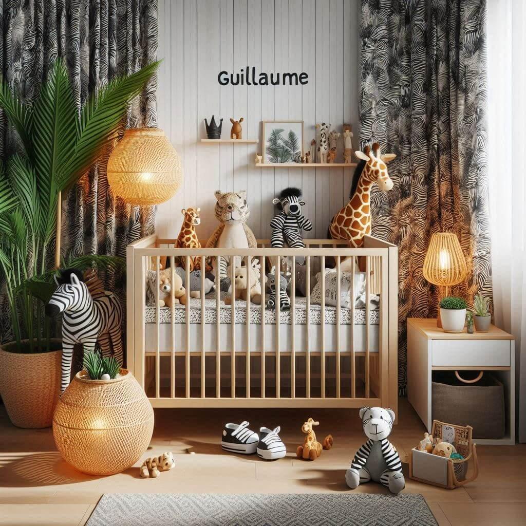 Une chambre de petit garcon avec un lit a barreaux avec des voilages rideaux motif jungle lampe en rotin allumee peluche zebre peluche girafe peluche tigre jouets figurine meuble c