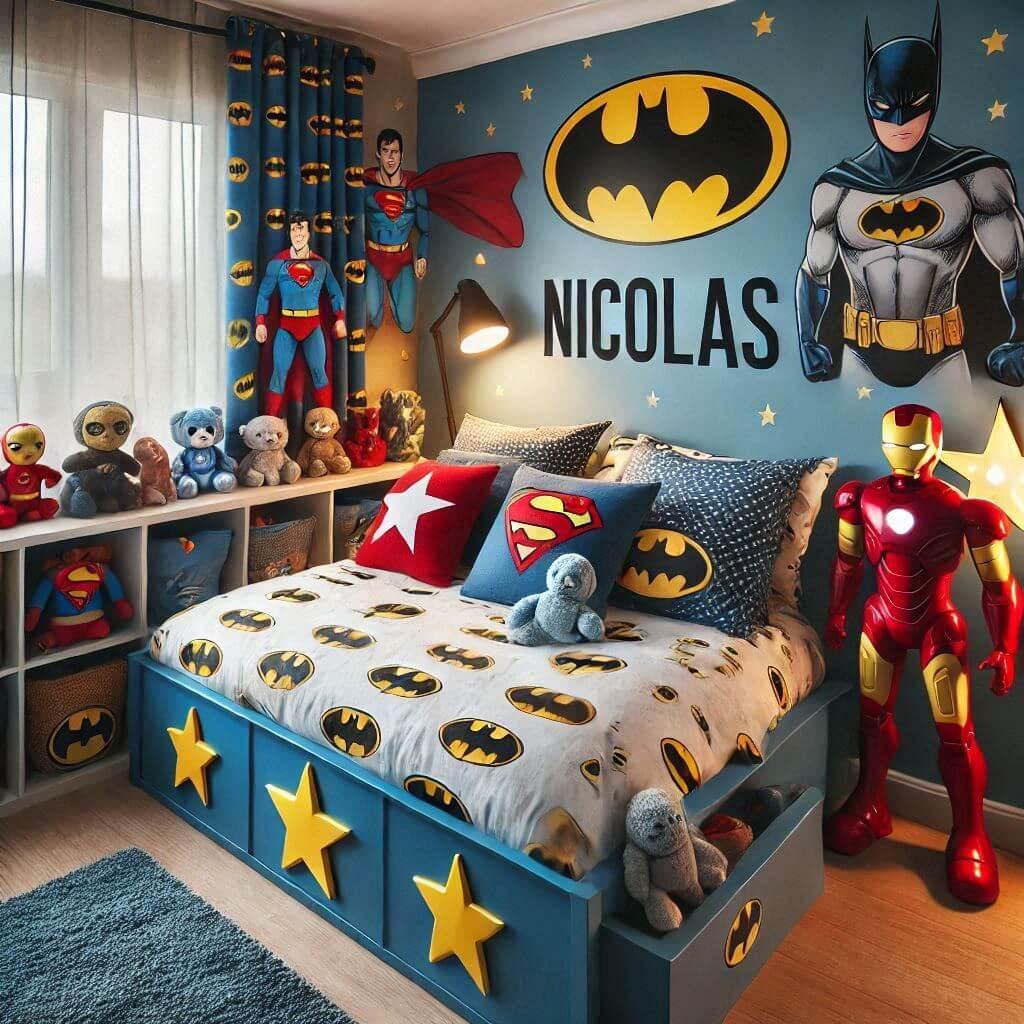 Une chambre de petit garcon avec un lit mezanine avec des draps motifs batman rideaux motif superman lampe en forme de superman allumee peluche etoiles peluche iron man prenom nico