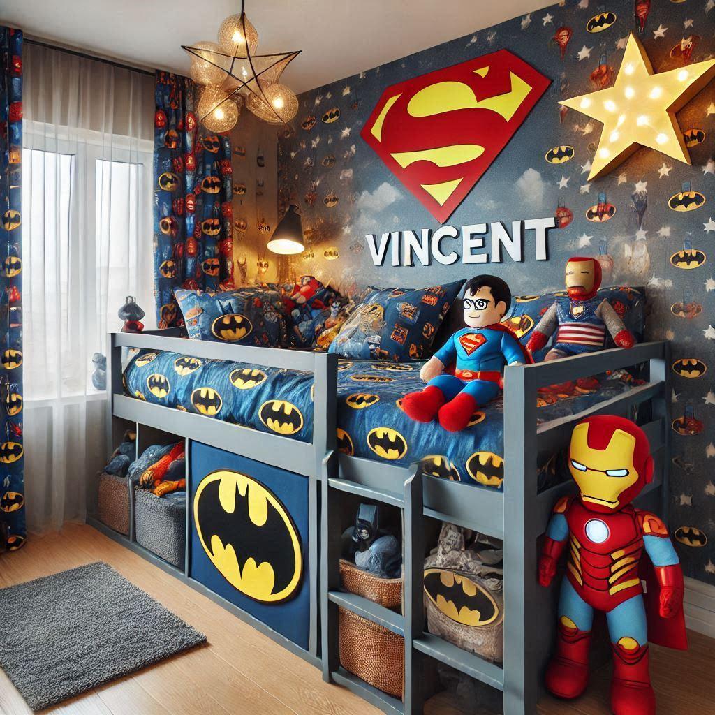 Une chambre de petit garcon avec un lit mezanine avec des draps motifs batman rideaux motif superman lampe en forme de superman allumee peluche etoiles peluche iron man prenom vinc