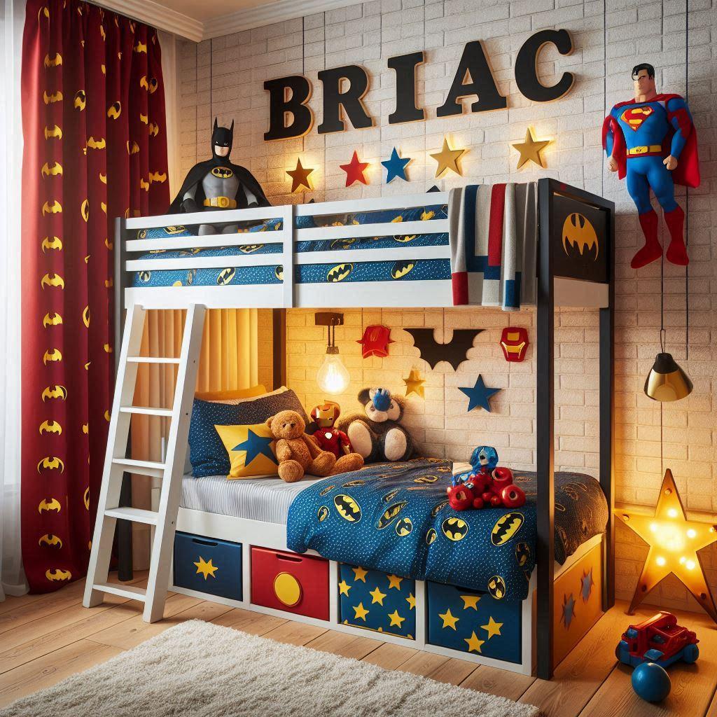 Une chambre de petit garcon avec un lit mezzanine avec des draps motifs batman rideaux motif superman lampe en forme de superman allumee peluche etoiles peluche iron man prenom bri