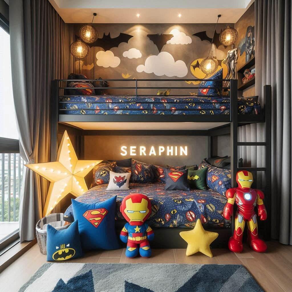 Une chambre de petit garcon avec un lit mezzanine avec des draps motifs batman rideaux motif superman lampe en forme de superman allumee peluche etoiles peluche iron man prenom ser