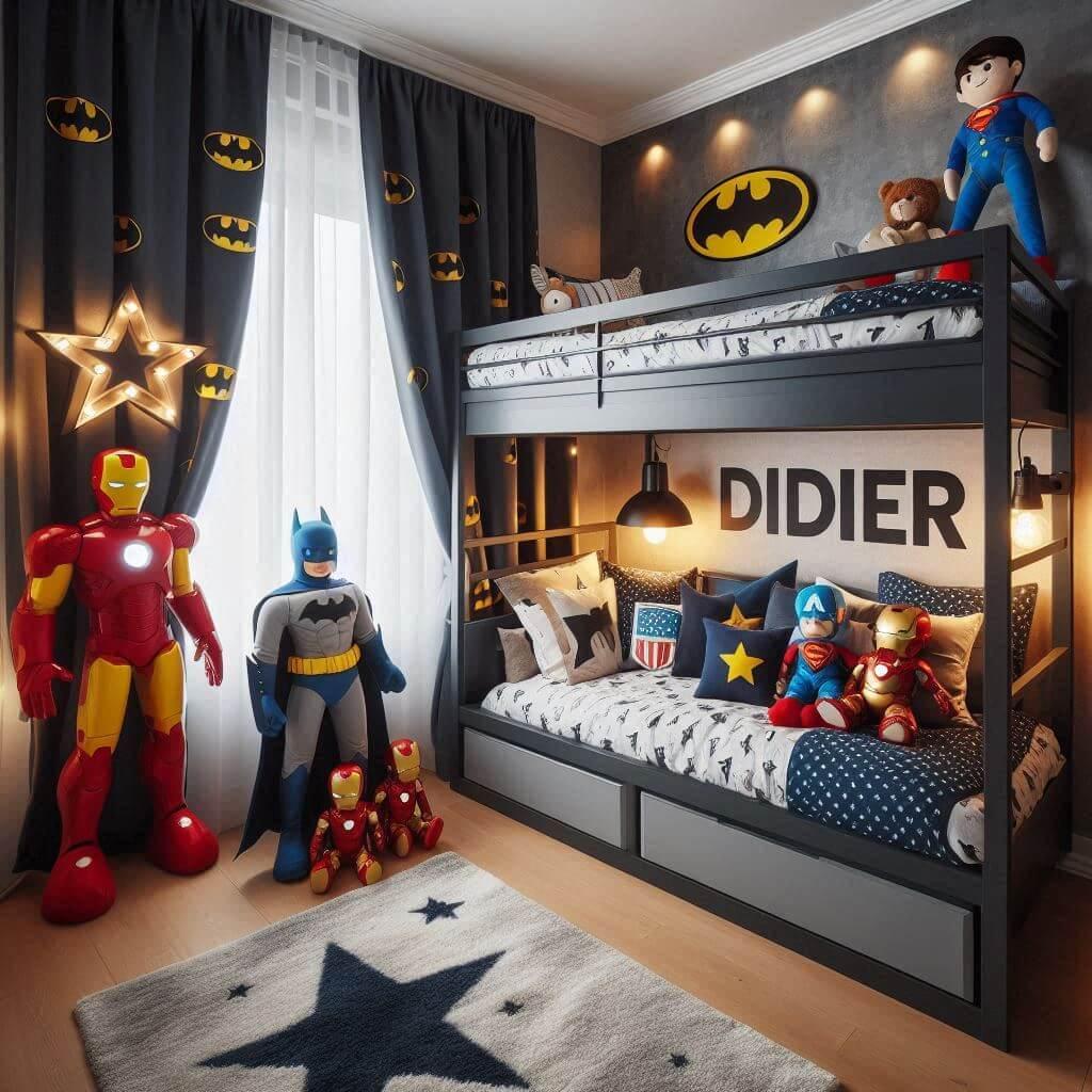 Une chambre de petit garcon avec un lit mezzanine des draps motifs batman des rideaux motif superman une lampe en forme de superman allumee des peluches etoiles et iron man avec le