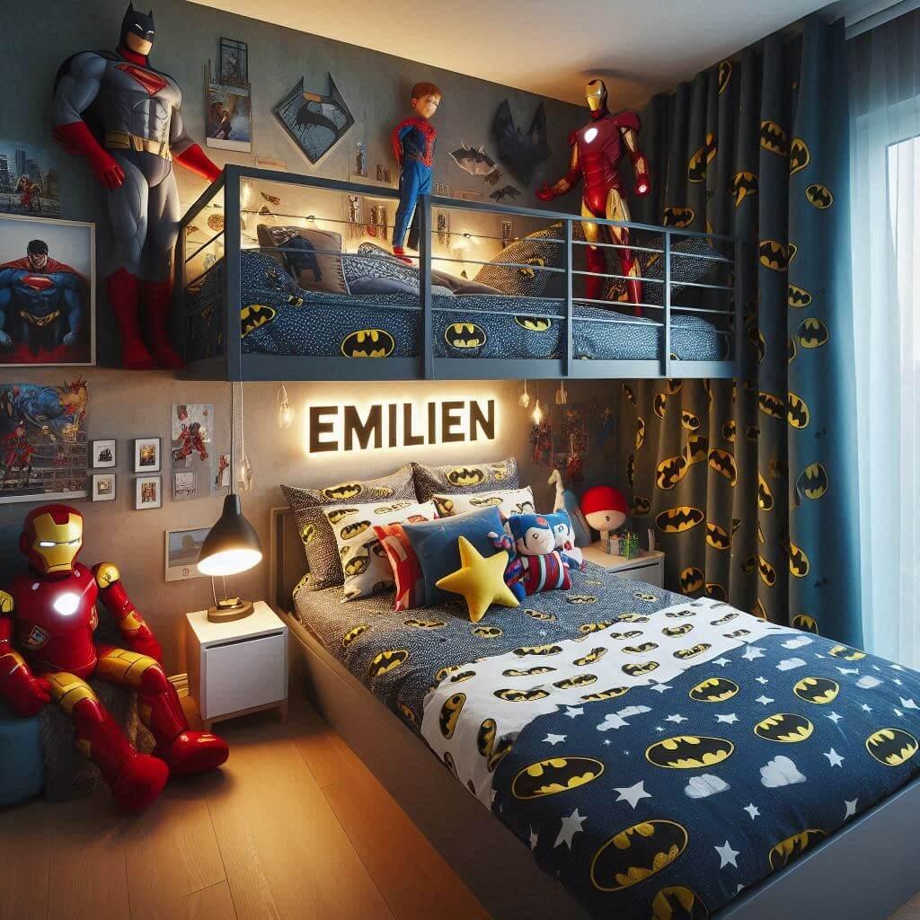 Une chambre de petit garcon avec un lit mezzanine des draps motifs batman des rideaux motif superman une lampe en forme de superman allumee une peluche etoiles une peluche iron man