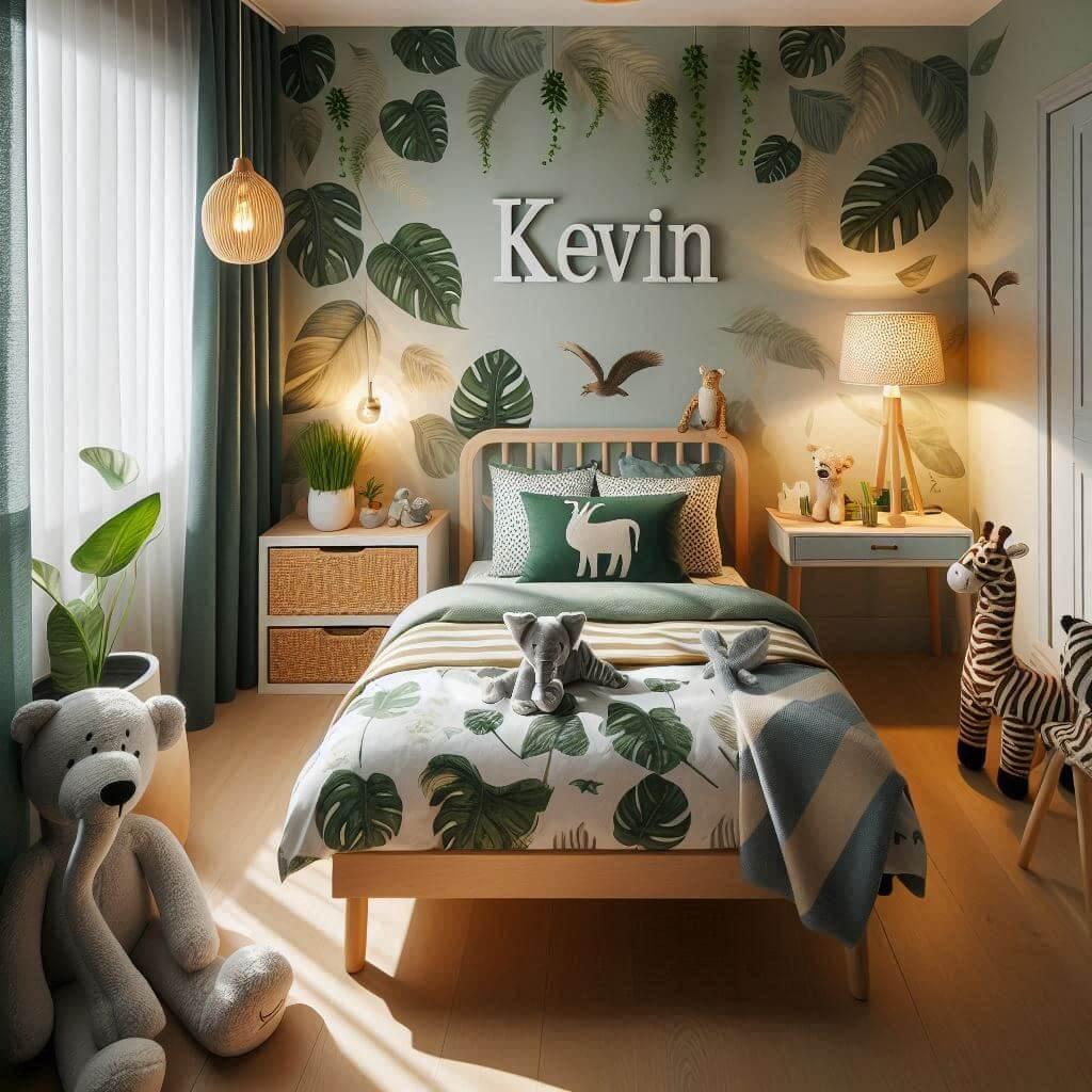 Une chambre de petit garcon avec un lit simple avec des draps motifs animaux de la jungle rideaux motif feuilles lampe elephant allumee peluche zebre peluche girafe prenom kevin su