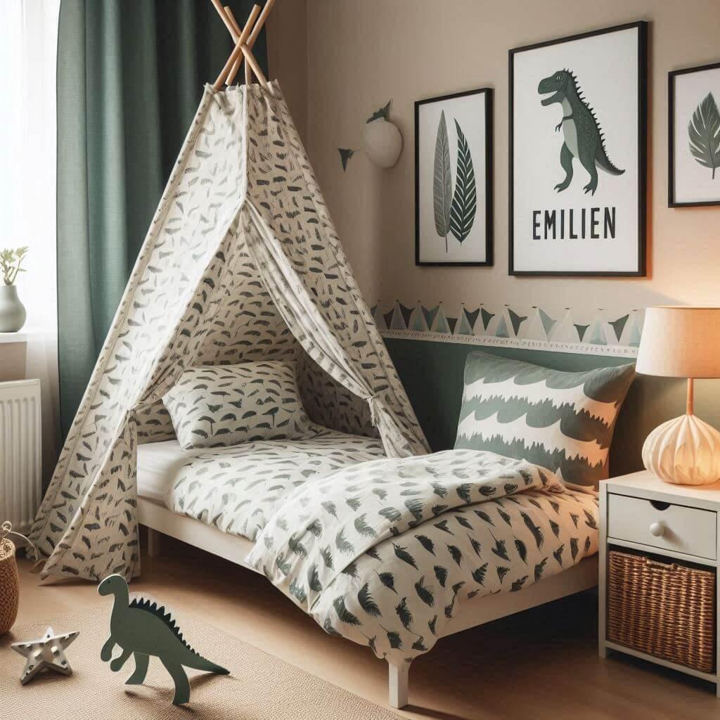 Une chambre de petit garcon avec un lit simple avec des draps motifs dinosaures rideaux motif feuilles prenom emilien lampe dinosaure allumee avec un tipi 1