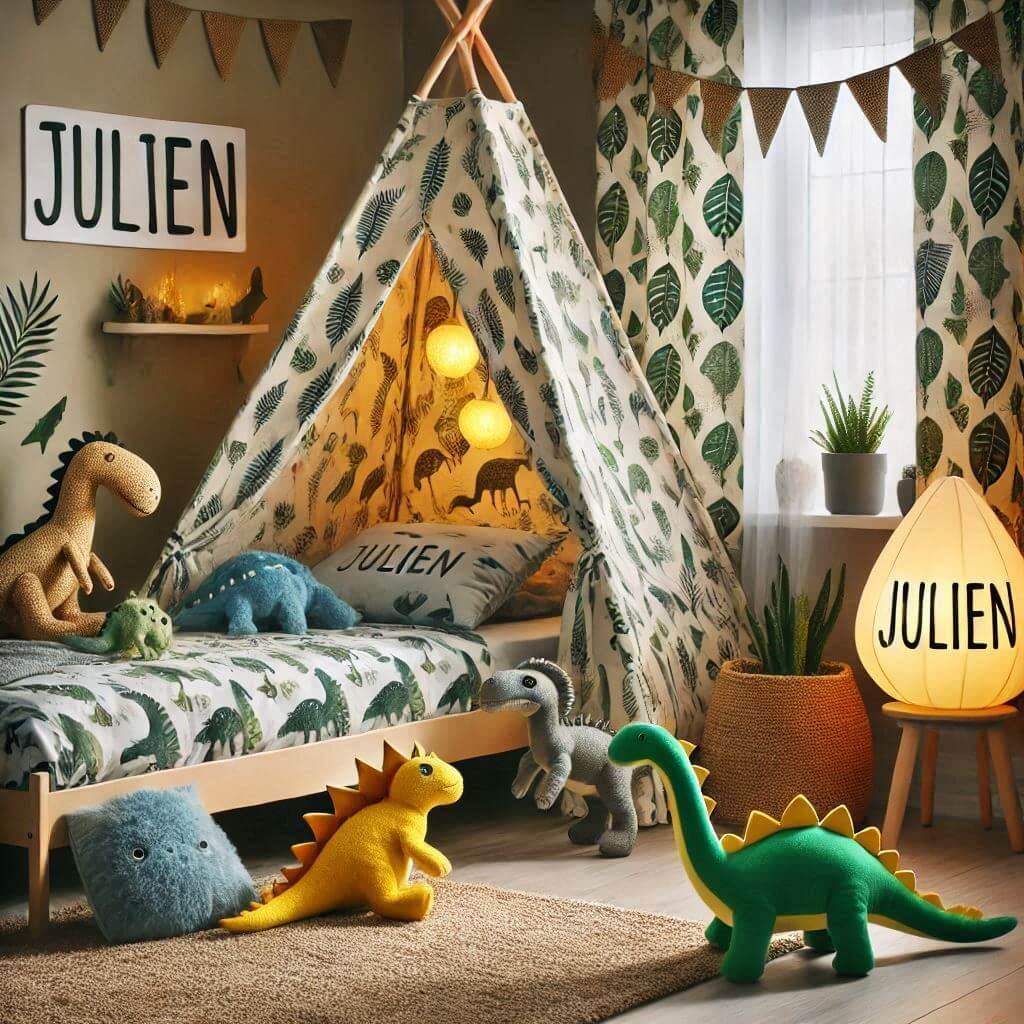 Une chambre de petit garcon avec un lit simple avec des draps motifs dinosaures rideaux motif feuilles prenom julien