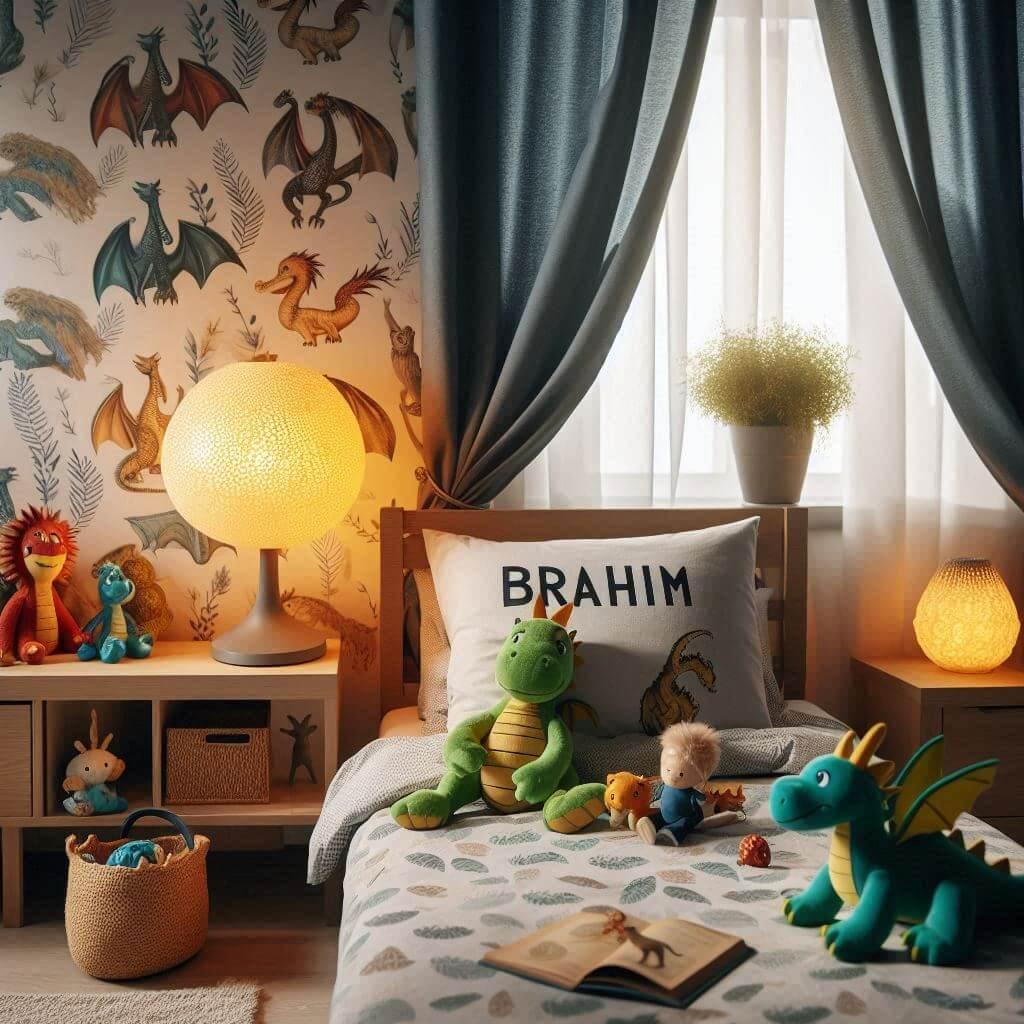 Une chambre de petit garcon avec un lit simple avec des draps motifs dragon rideaux motif feuilles lampe dragon allumee peluche dragon amical peluche dinosaure figurine et jouet pr