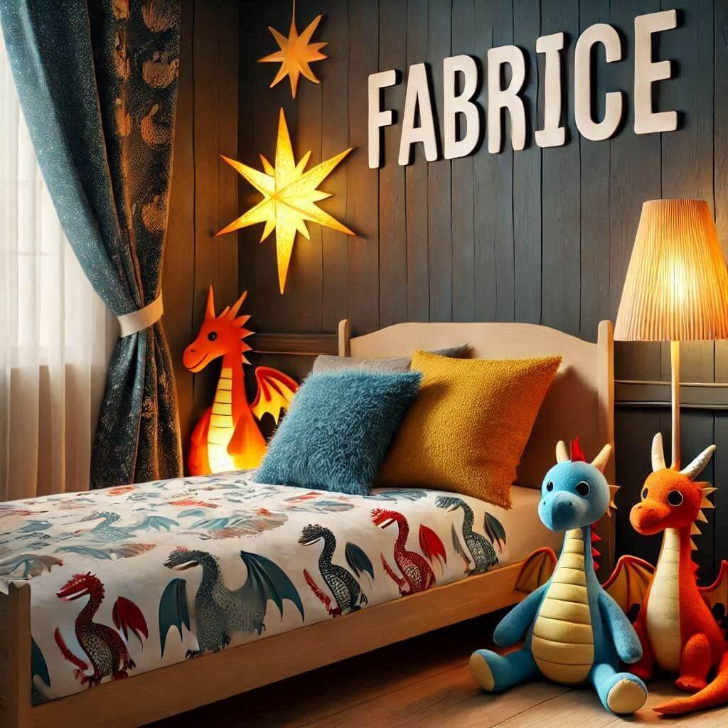 Une chambre de petit garcon avec un lit simple avec des draps motifs dragon rideaux motif flammes lampe etoile de mer allumee peluche dragon peluche dragon jaune peluche dragon ble