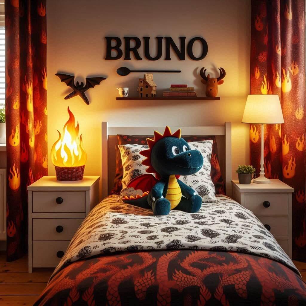 Une chambre de petit garcon avec un lit simple avec des draps motifs dragon rideaux motif flammes lampe etoile de mer allumee peluche dragon peluche dragon prenom bruno