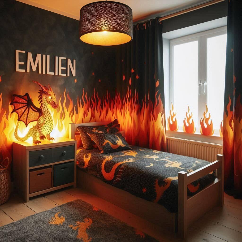 Une chambre de petit garcon avec un lit simple avec des draps motifs dragon rideaux motif flammes prenom emilien lampe dragon allumee