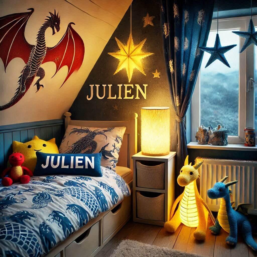 Une chambre de petit garcon avec un lit simple avec des draps motifs dragon rideaux motif flammes prenom julien