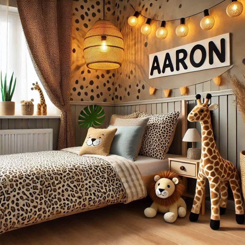 Une chambre de petit garcon avec un lit simple avec des draps motifs jungle rideaux motif leopards 1