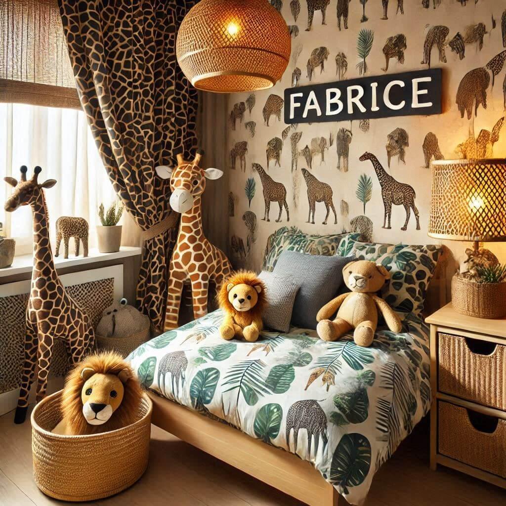 Une chambre de petit garcon avec un lit simple avec des draps motifs jungle rideaux motif leopards lampe en rotin allumee peluche girafe peluche lion peluche elephant le prenom fab