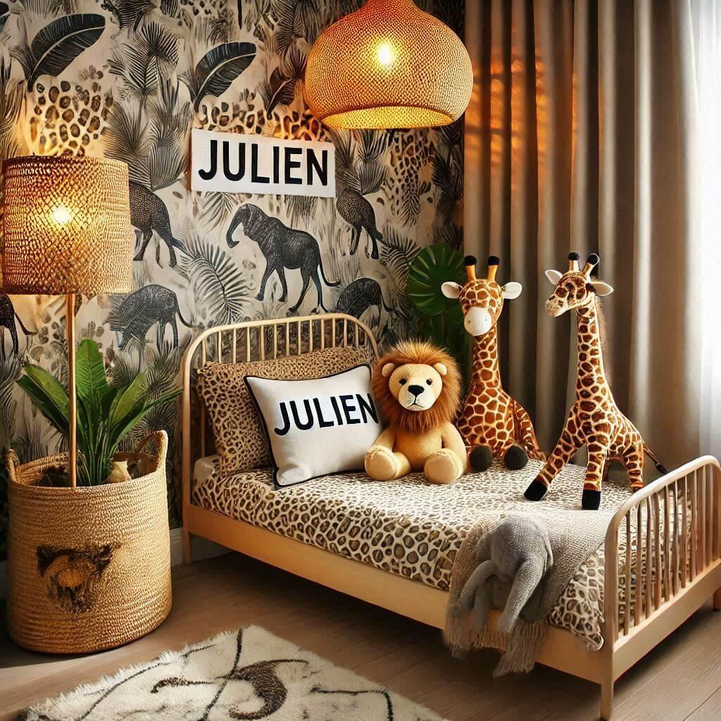 Une chambre de petit garcon avec un lit simple avec des draps motifs jungle rideaux motif leopards lampe en rotin allumee peluche girafe peluche lion peluche elephant le prenom jul