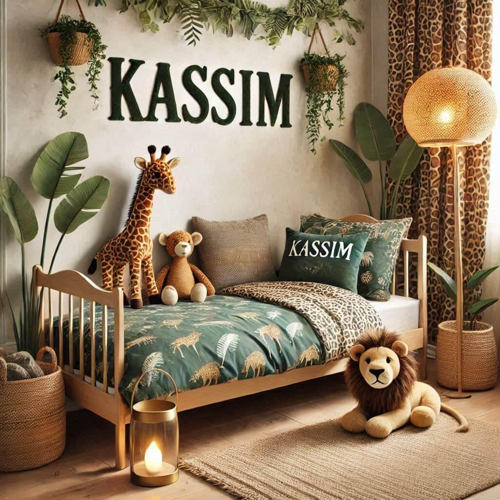 Une chambre de petit garcon avec un lit simple avec des draps motifs jungle rideaux motif leopards lampe en rotin allumee peluche girafe peluche lion prenom kassim ecrit sur le cou