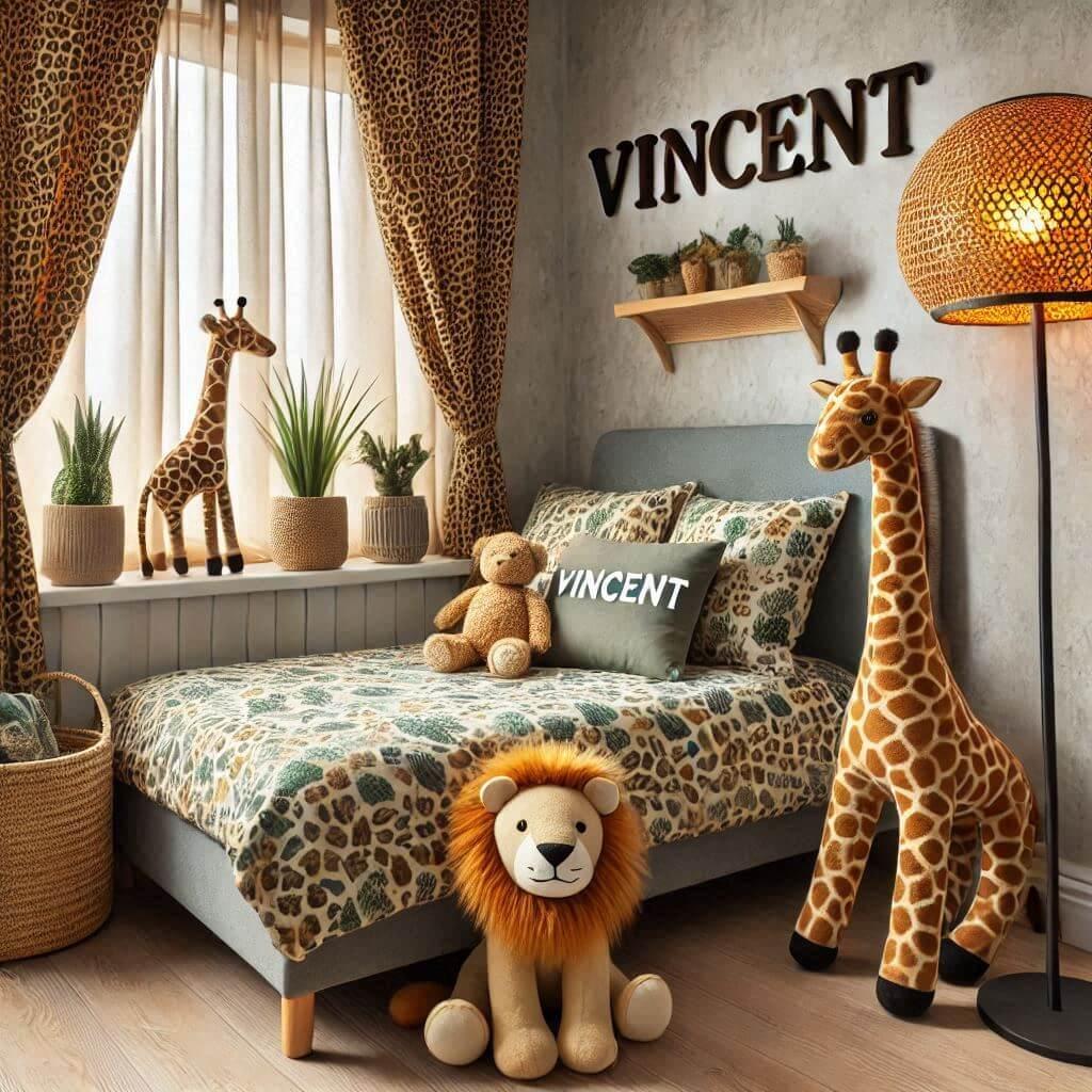 Une chambre de petit garcon avec un lit simple avec des draps motifs jungle rideaux motif leopards lampe en rotin allumee peluche girafe peluche lion prenom vincent ecrit sur le co