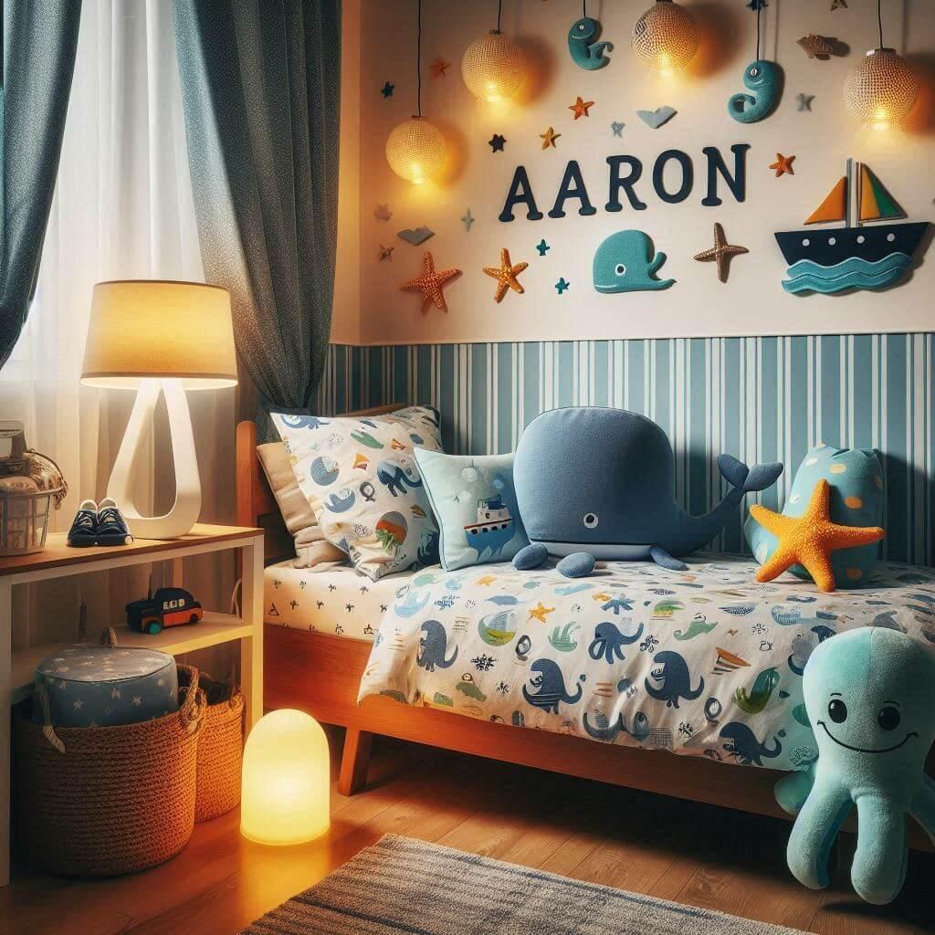 chambre de petit garçon, theme marin, avec le prenom aaron