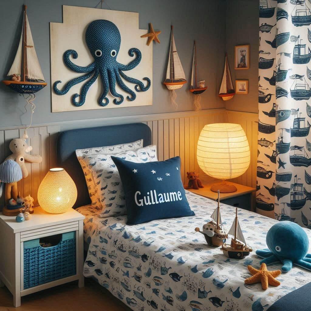 Une chambre de petit garcon avec un lit simple avec des draps motifs marin rideaux motif bateau lampe etoile de mer allumee peluche poulpe peluche baleine figurine et jouet prenom