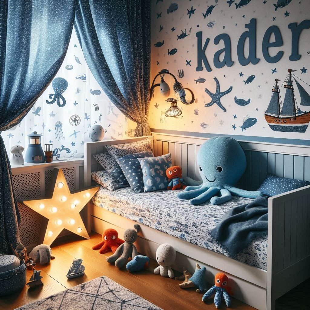 Une chambre de petit garcon avec un lit simple avec des draps motifs marin rideaux motif bateau lampe etoile de mer allumee peluche poulpe peluche baleine figurine et jouet prenom