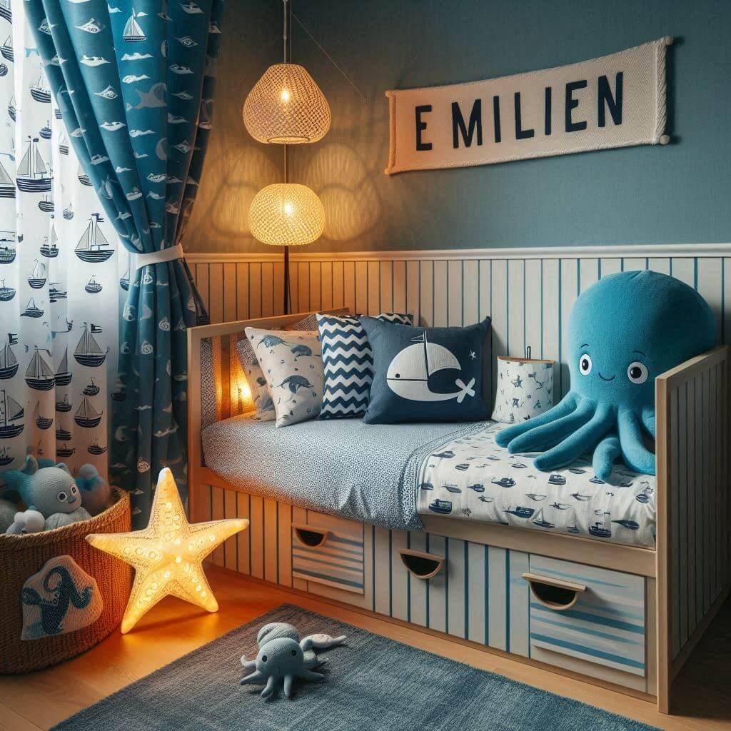 Une chambre de petit garcon avec un lit simple avec des draps motifs marin rideaux motif bateau lampe etoile de mer allumee peluche poulpe peluche baleine prenom emilien ecrit sur