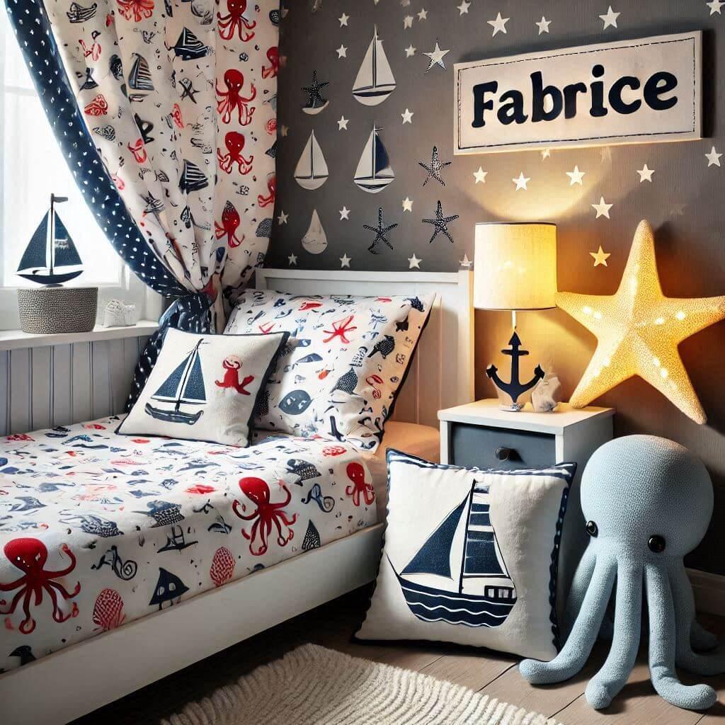 Une chambre de petit garcon avec un lit simple avec des draps motifs marin rideaux motif bateau lampe etoile de mer allumee peluche poulpe peluche baleine prenom fabrice ecrit en f