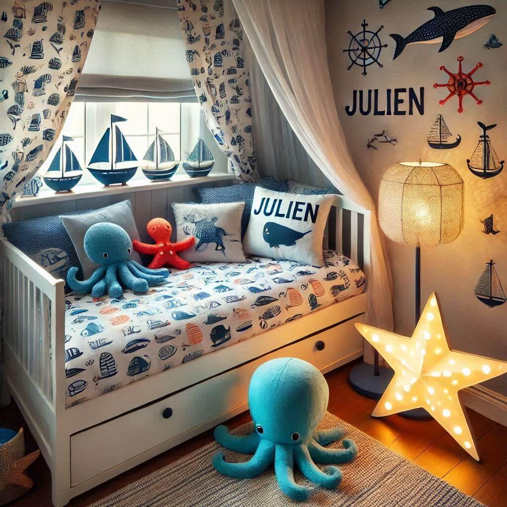 Une chambre de petit garcon avec un lit simple avec des draps motifs marin rideaux motif bateau lampe etoile de mer allumee peluche poulpe peluche baleine prenom julien ecrit sur l