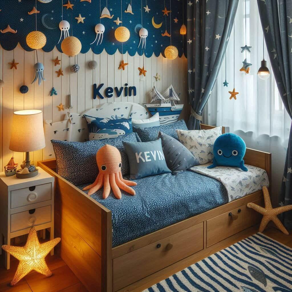 Une chambre de petit garcon avec un lit simple avec des draps motifs marin rideaux motif bateau lampe etoile de mer allumee peluche poulpe peluche baleine prenom kevin sur le couss