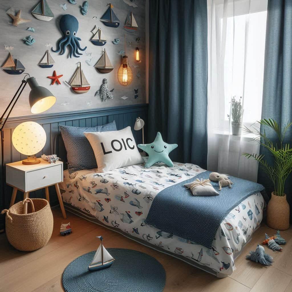 Une chambre de petit garcon avec un lit simple avec des draps motifs marin rideaux motif bateau lampe etoile de mer allumee peluche poulpe peluche baleine prenom loic ecrit sur le