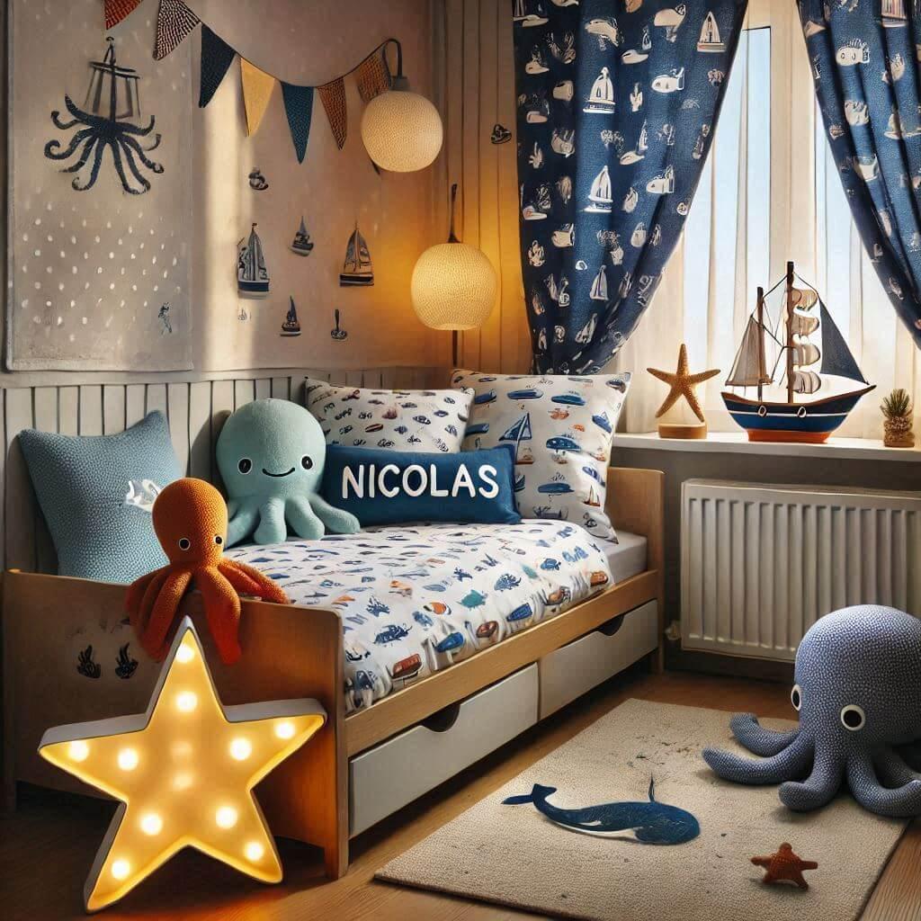 Une chambre de petit garcon avec un lit simple avec des draps motifs marin rideaux motif bateau lampe etoile de mer allumee peluche poulpe peluche baleine prenom nicolas ecrit sur