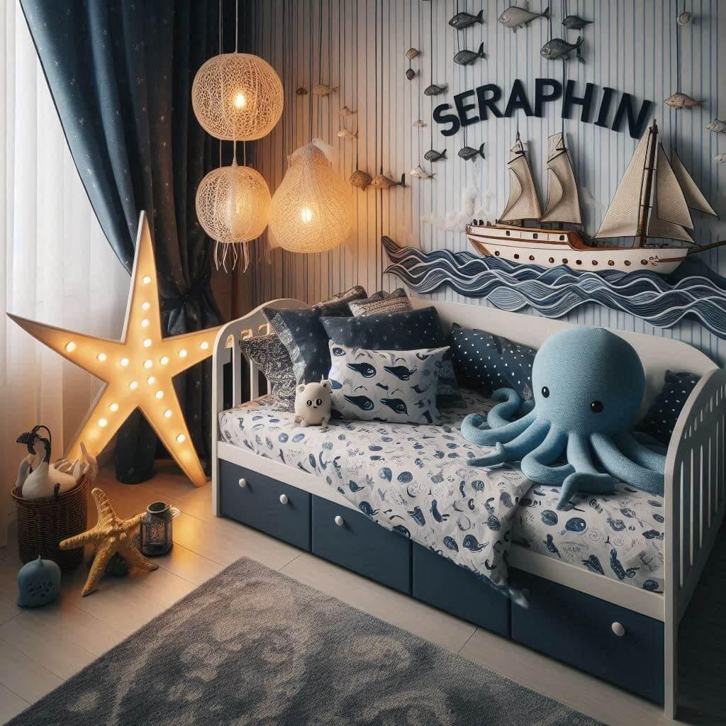 Une chambre de petit garcon avec un lit simple avec des draps motifs marin rideaux motif bateau lampe etoile de mer allumee peluche poulpe peluche baleine prenom seraphin ecrit sur