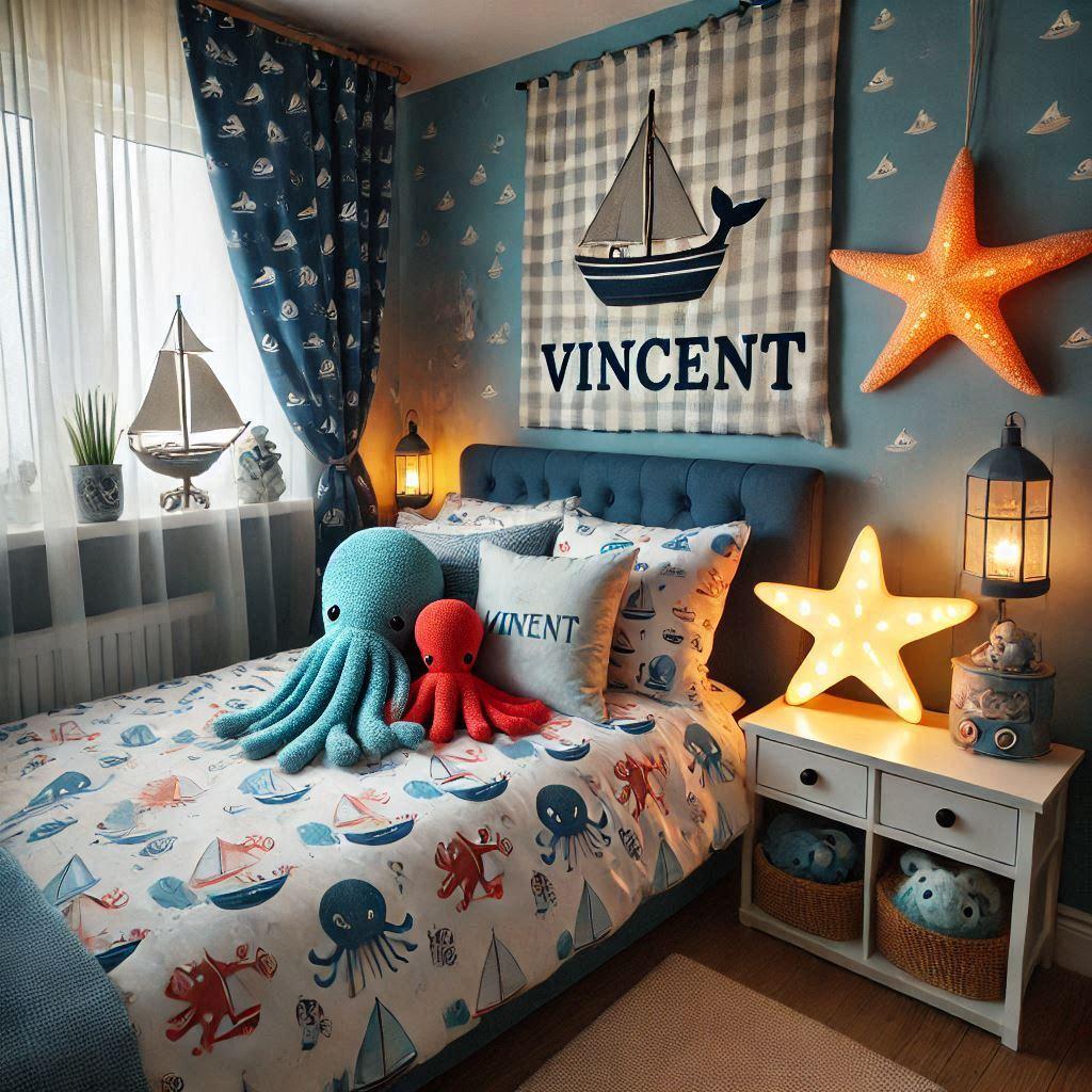 Une chambre de petit garcon avec un lit simple avec des draps motifs marin rideaux motif bateau lampe etoile de mer allumee peluche poulpe peluche baleine prenom vincent ecrit sur