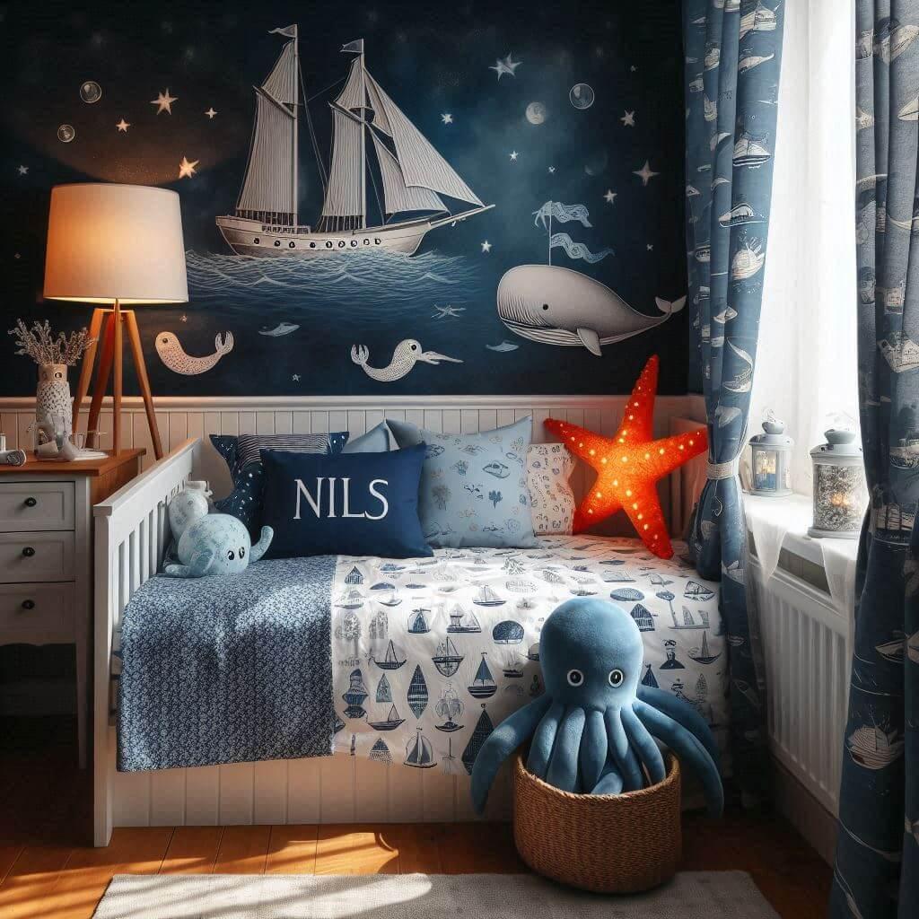 Une chambre de petit garcon avec un lit simple des draps a motifs marins des rideaux a motif bateau une lampe etoile de mer allumee une peluche poulpe une peluche baleine et le pre