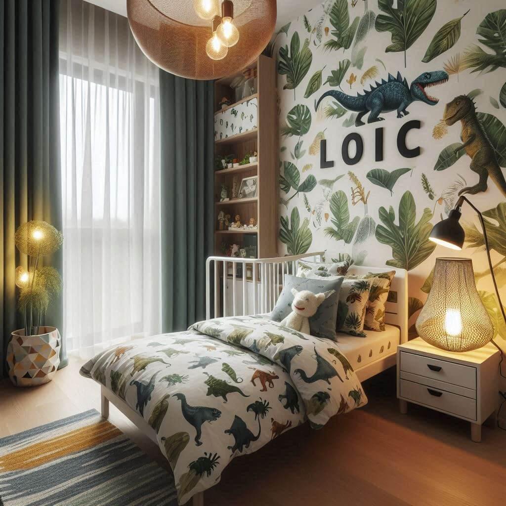 Une chambre de petit garcon avec un lit simple des draps motifs dinosaures des rideaux motif feuilles et le prenom loic ecrit sur une lampe 1