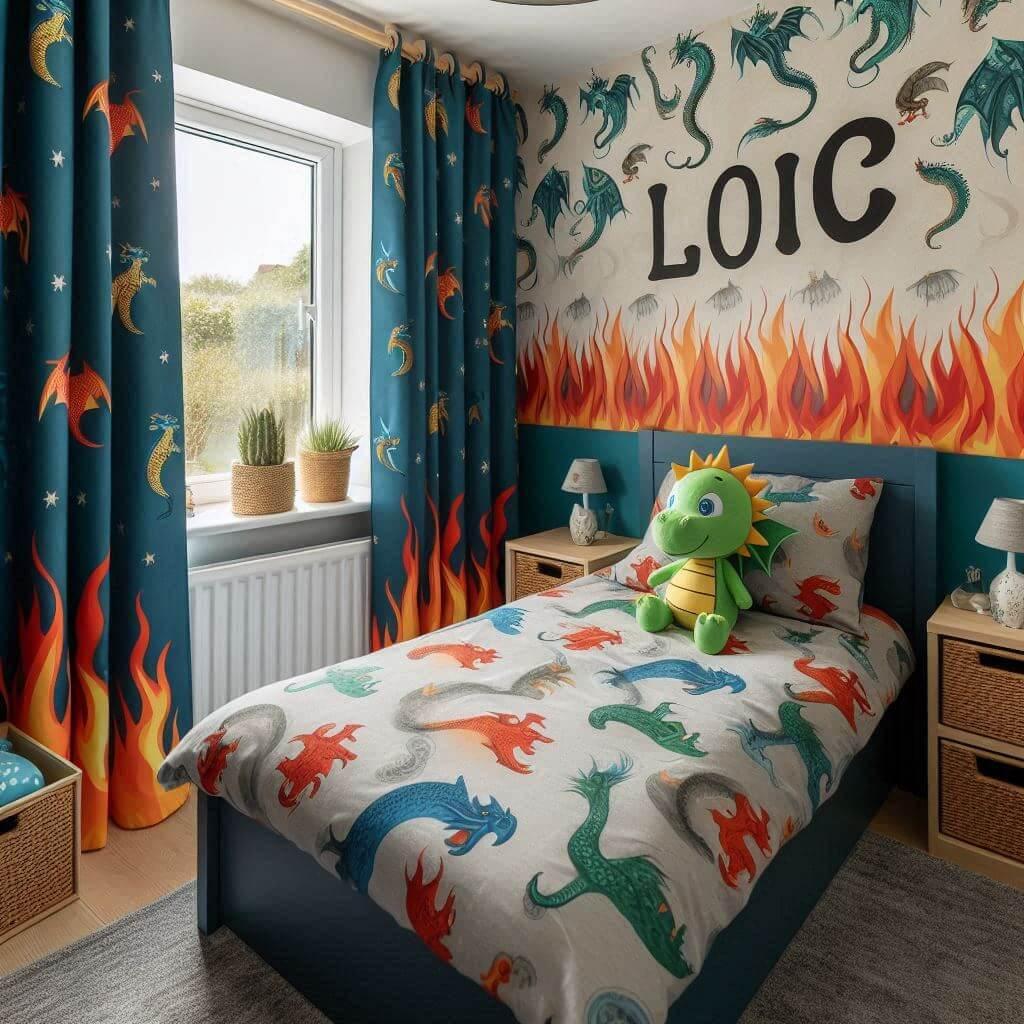 Une chambre de petit garcon avec un lit simple des draps motifs dragon amical des rideaux motif flammes et le prenom loic 1